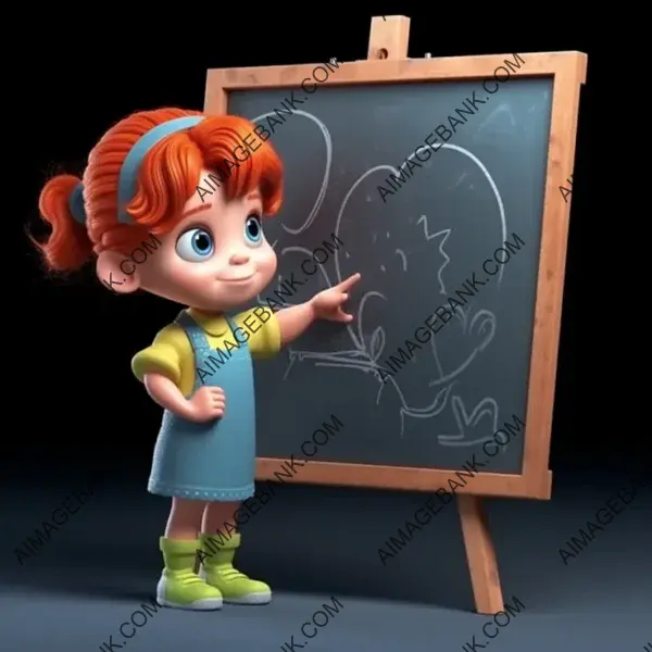 Sweet Cartoon of a Year-Old Girl Tracing on a Blackboard