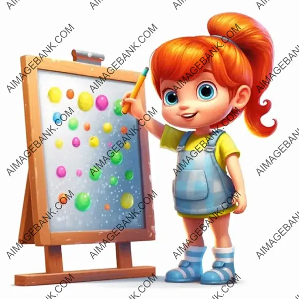 Adorable Cartoon of a Year-Old Girl Tracing on a Blackboard