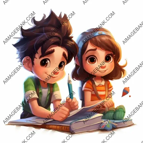 Illustration of a Boy and a Girl Writing Together in Pixar-Style