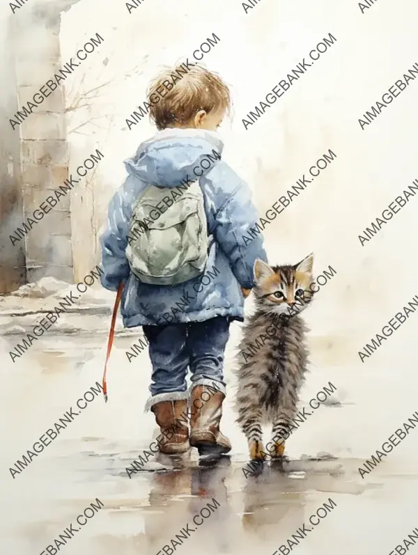 Two Kittens Walking Home from School: A Charming Scene in Pencil, Ink, and Paint