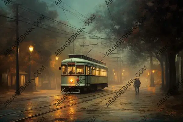 Streetcar on a Misty Road with Streetlights