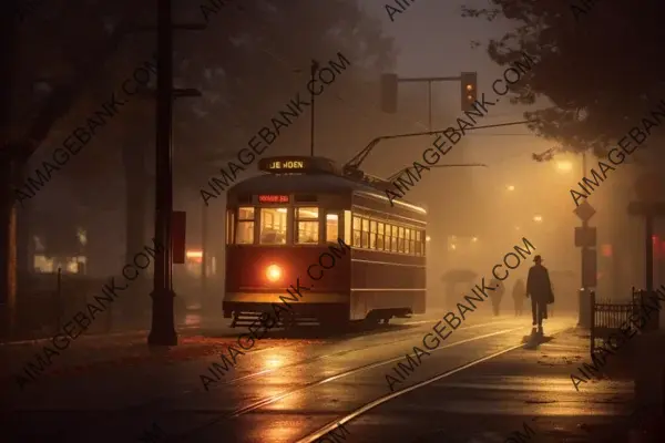 Misty Streetcar Scene with Atmospheric Lighting