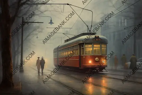 Urban Streetcar on a Foggy Evening