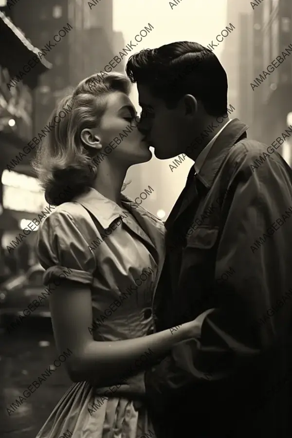 Times Square Romance: A Captivating Kiss in Black and White