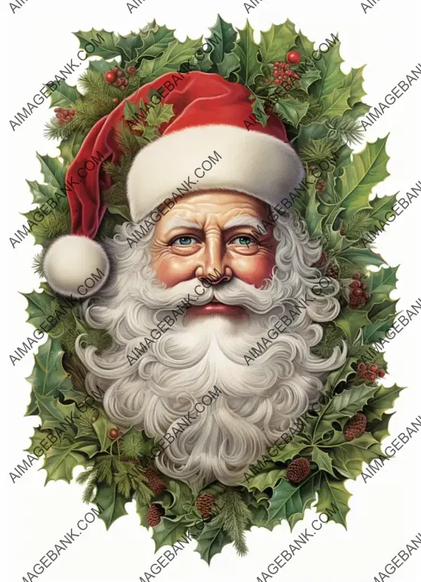 Vintage Holly Leaves Adorning Santa Claus Face Template