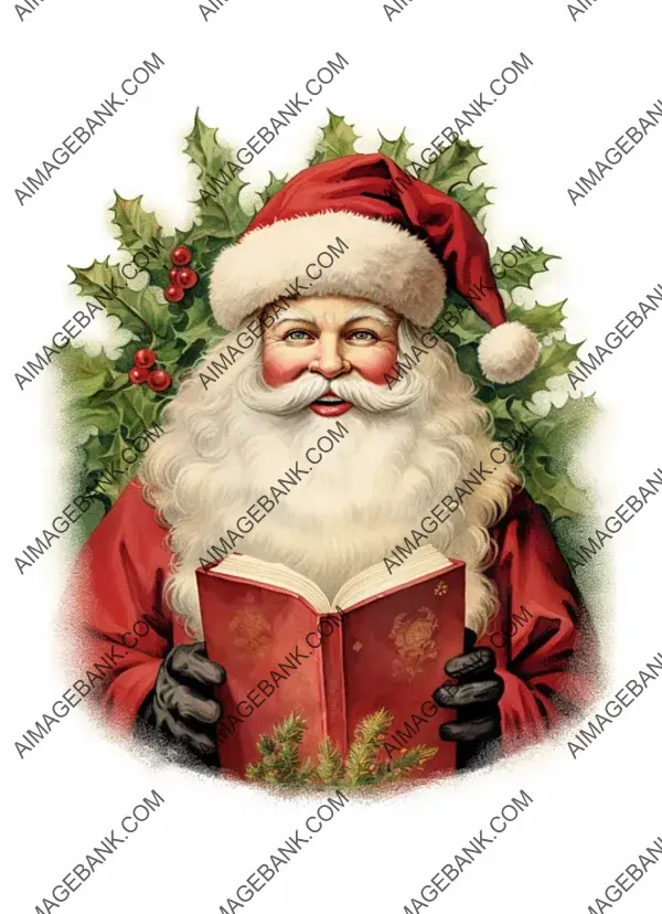 Santa Claus Face Template with Vintage Holly Leaves Decoration