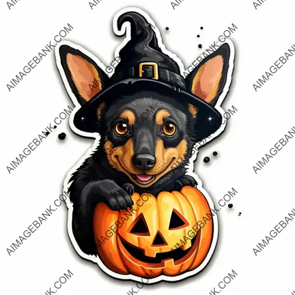 Sticker of a Lancashire Heeler in a Humorous Halloween Scene