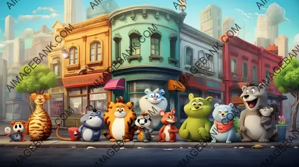 Explore the Playful World of Cute Cartoon Animals in the Downtown Title Wallpaper