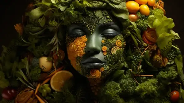Wallpaper of Woman with a Unique Face Made of Plants, Fruits, and Vegetables