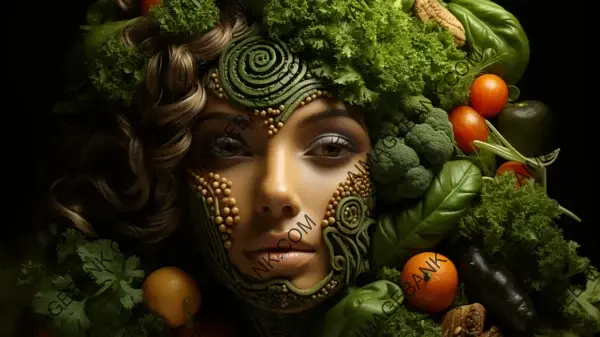 Wallpaper of Woman with a Unique Face Made of Wheat and Vegetables