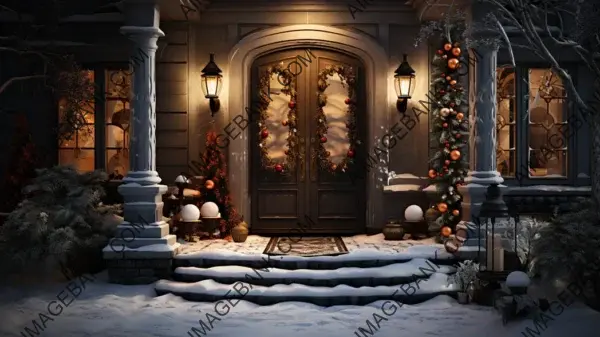 Unique Wallpaper of a Christmas Door with Colorful Nighttime Decor