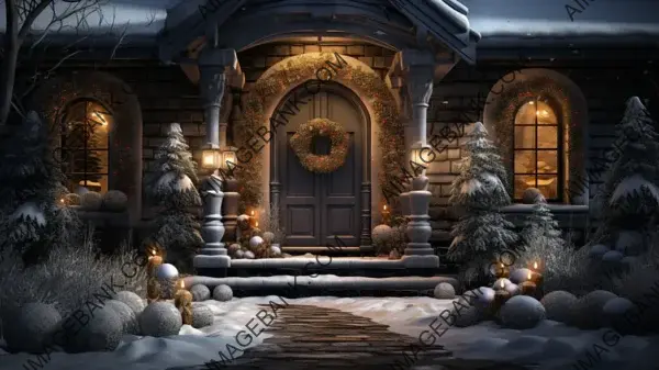 Artistic Wallpaper Showcasing a Christmas Door Adorned in Colorful Night Decor