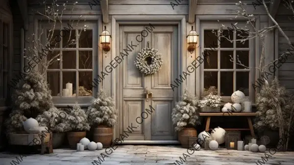 Artistic Wallpaper of a Christmas Door with Wood-Inspired Colors and Snow