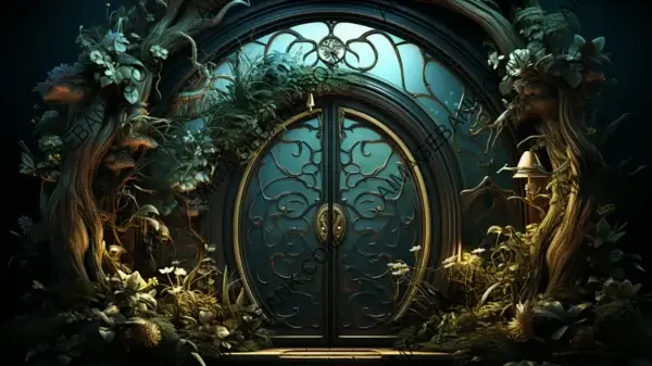 Artistic Wallpaper Depicting a Door to a Fabulous Wonderland with Magnificent Imagery