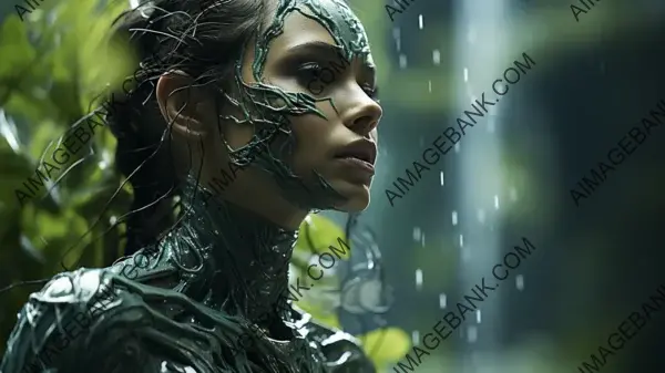 Creative Wallpaper Depicting a Striking Model Adorned with Leaves Makeup Created in Octane and Unreal