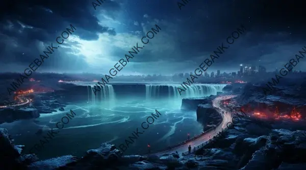 Wallpaper Capturing the Mesmerizing Beauty of Niagara Falls Blended with a Starlit Galaxy