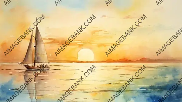 Creative Wallpaper Depicting a Tranquil Sunset with a Sailboat in Watercolor