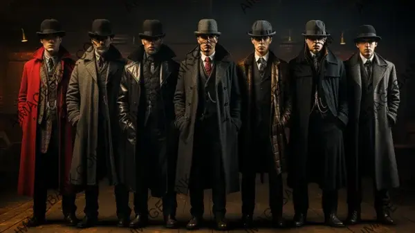 Artistic Wallpaper Highlighting the Distinctive Clothing of the Peaky Blinders in Full Body