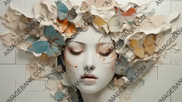 Artistic Wallpaper Highlighting the Elegance and Detail of a Porcelain Face Sculpture with Layered Tiles and Petals