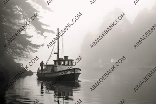 Monochrome Wallpaper with a Foggy Boat Scene