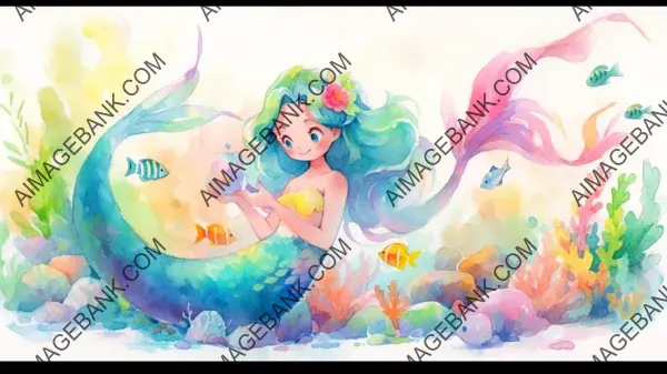 Mermaid Wallpaper Featuring Children&#8217;s Painting in Cartoon Style