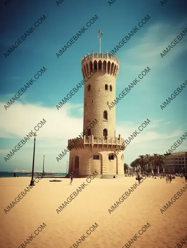 Beachfront Beauty: Barcelona Tower in Bright Realism