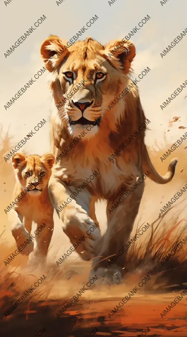 Female Lion and Cub in a Dynamic Scene