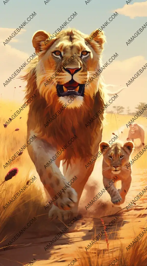 Dynamic Motion: Female Lion with Cub