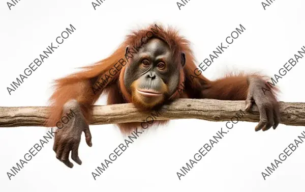 Orangutan Hanging from a Branch Isolated on White