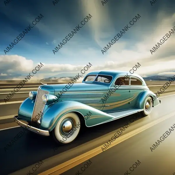 1930s Auto Elegance: Sleek Art Deco in Sky Blue Glitter