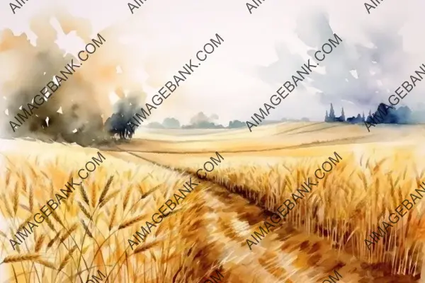 Watercolor Painting of a Wheat Field Landscape