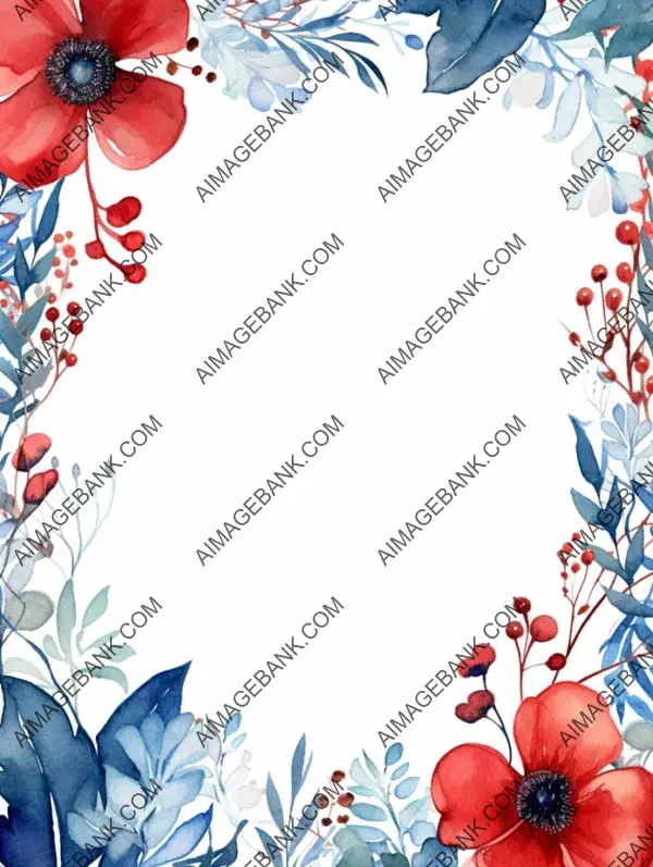 Dark Blue Leaves and Red Cosmos Watercolor Square Background