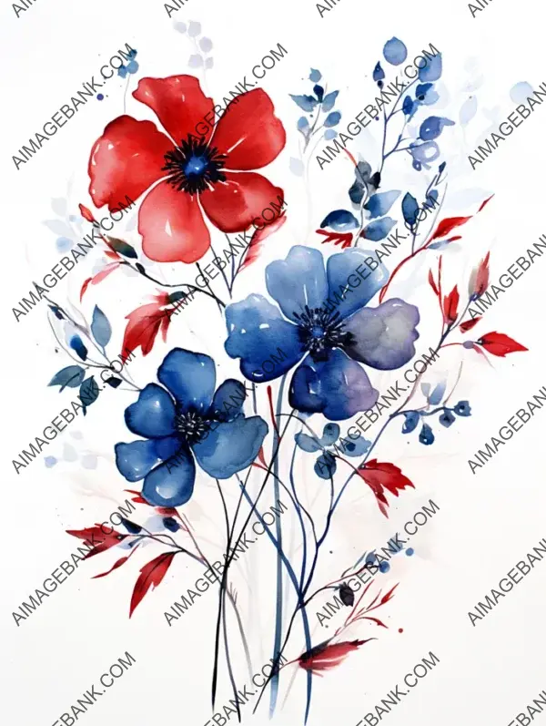 Red Cosmos and Dark Blue Leaves Watercolor Square Pattern