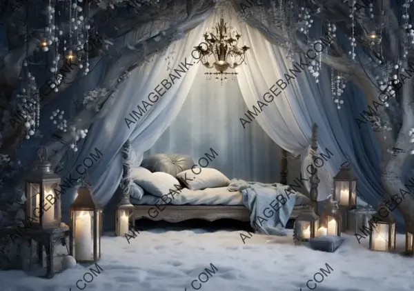 Elaborate Bed Decor in a Winter Scene with Lanterns