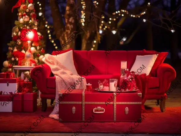 Outdoor Christmas Scene with Red Sofa in the Central Foreground