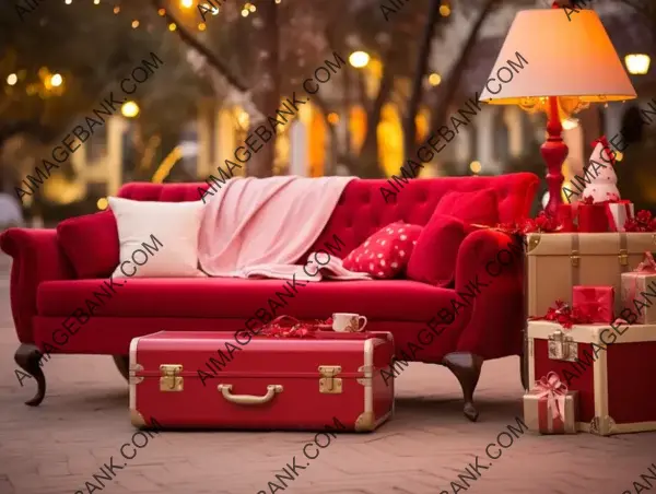 Central Outdoor Christmas Scene with Red Sofa