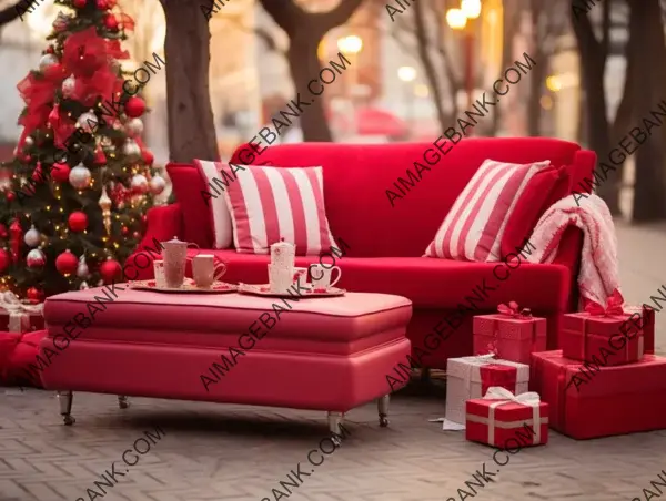 Festive Outdoor Christmas Scene with Red Sofa in the Center