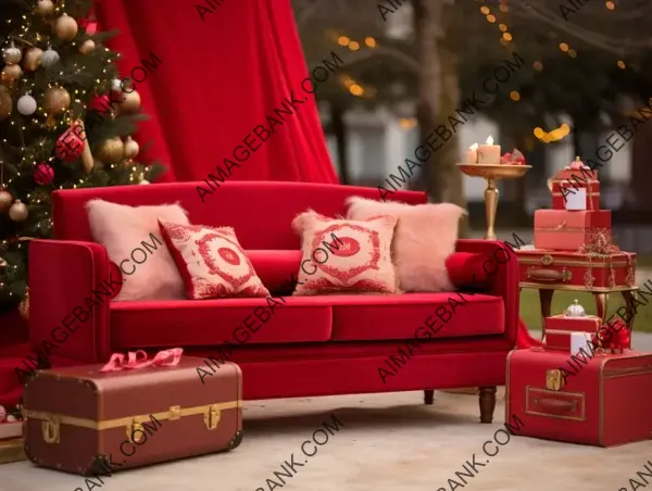 Red Sofa as the Centerpiece in an Outdoor Christmas Scene