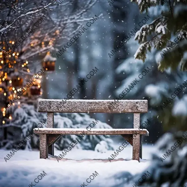 Central Snow Setting with a Rustic Wooden Bench