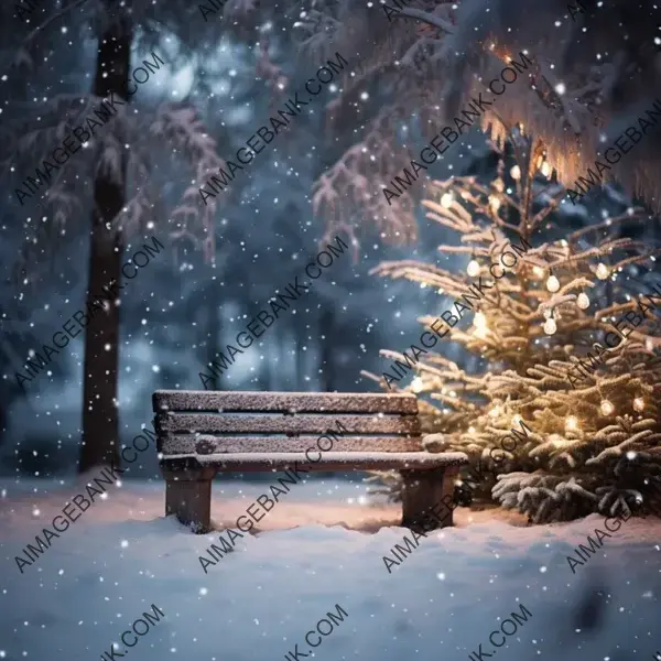 Central Snow Setting with a Rustic Wooden Bench