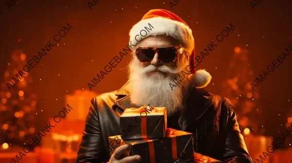 Santa Claus Wearing Black Sunglasses and Holding Christmas Presents