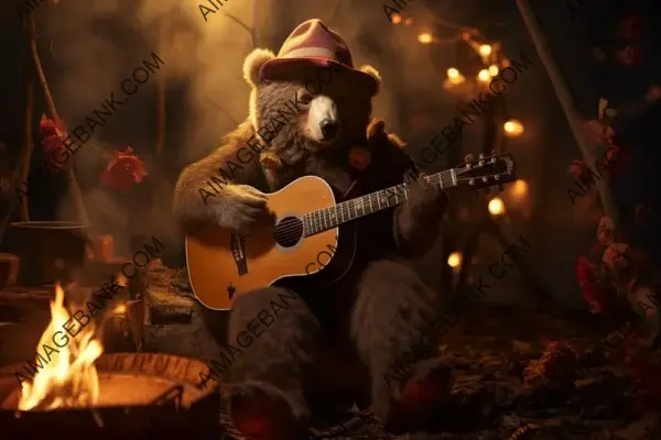 Bear Serenading with a Guitar at Night: A Comedic Image