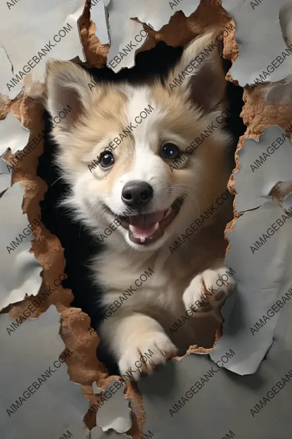 Sassy Baby Puppy Peeking Through a Cracked White Wall: A Playful Image