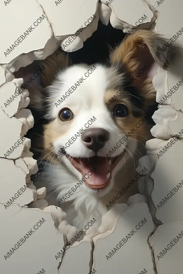 Adorable Baby Puppy with Attitude Behind a Cracked Wall: A Whimsical Scene