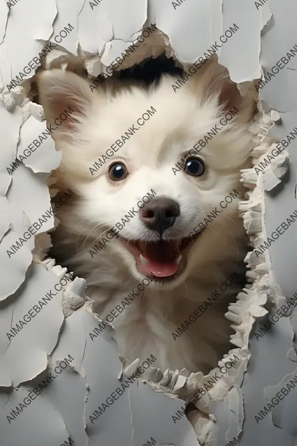 Cute Baby Puppy&#8217;s Curious Glance from a Cracked White Wall: A Heartwarming View