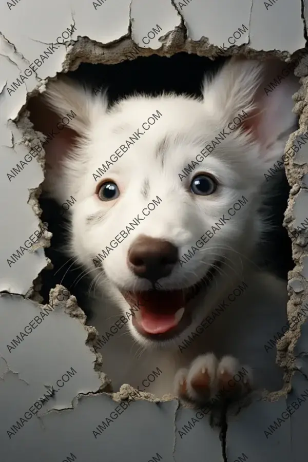 Baby Puppy&#8217;s Inquisitive Look from a Cracked White Wall: A Sweet Image