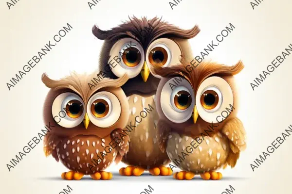 Funny Owls with Big Eyes on a White Background