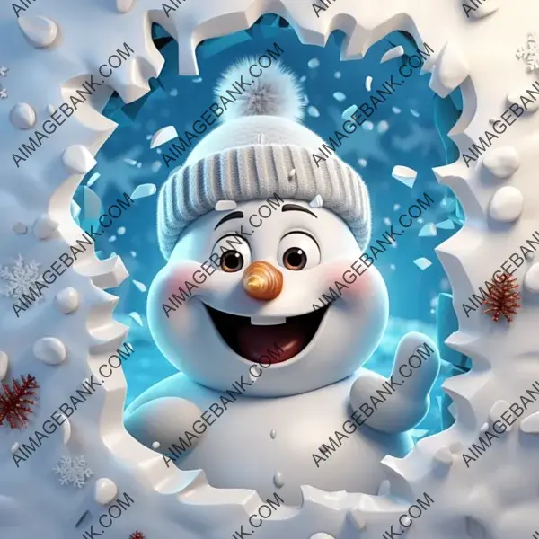 3D Christmas Cute Snowman Behind Snowflakes