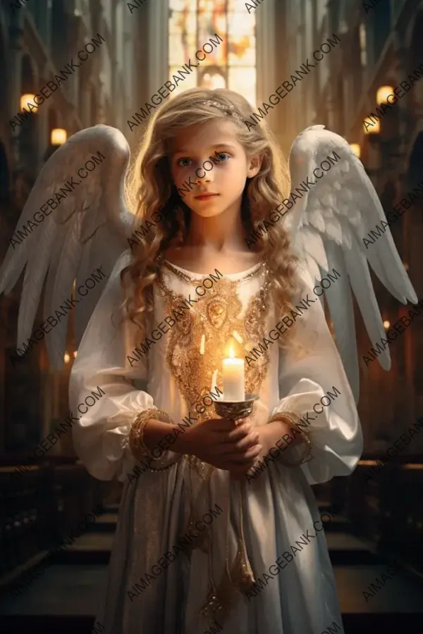 Innocent Young Girl Dressed as an Angel in a Church