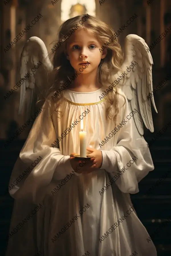 Adorable Young Girl in Angel Costume Inside a Church